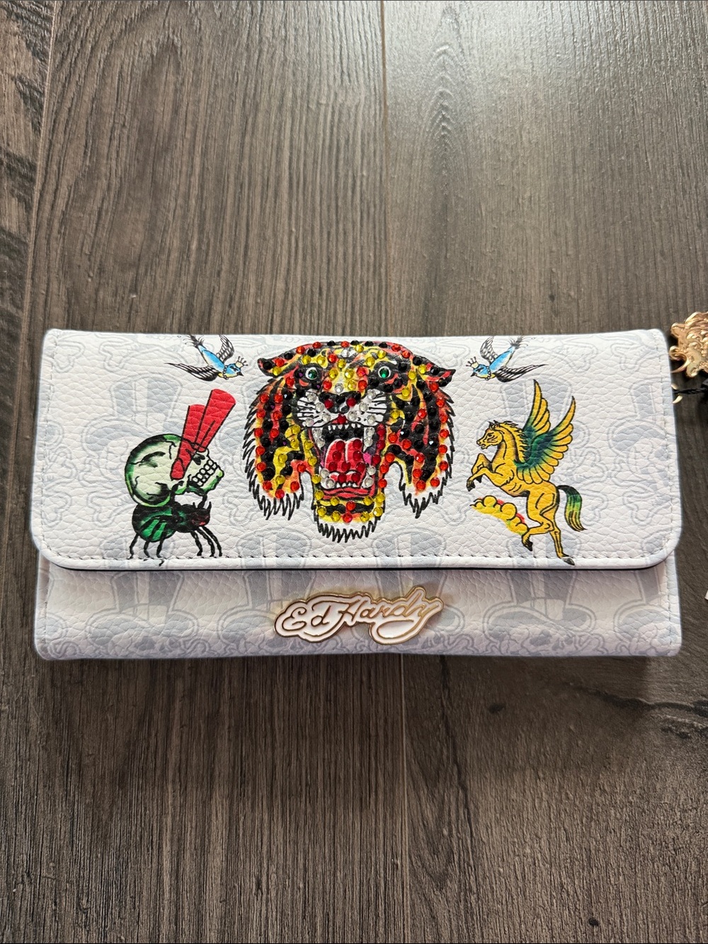 NWT Ed Hardy White Tiger Embellished Zip Wallet